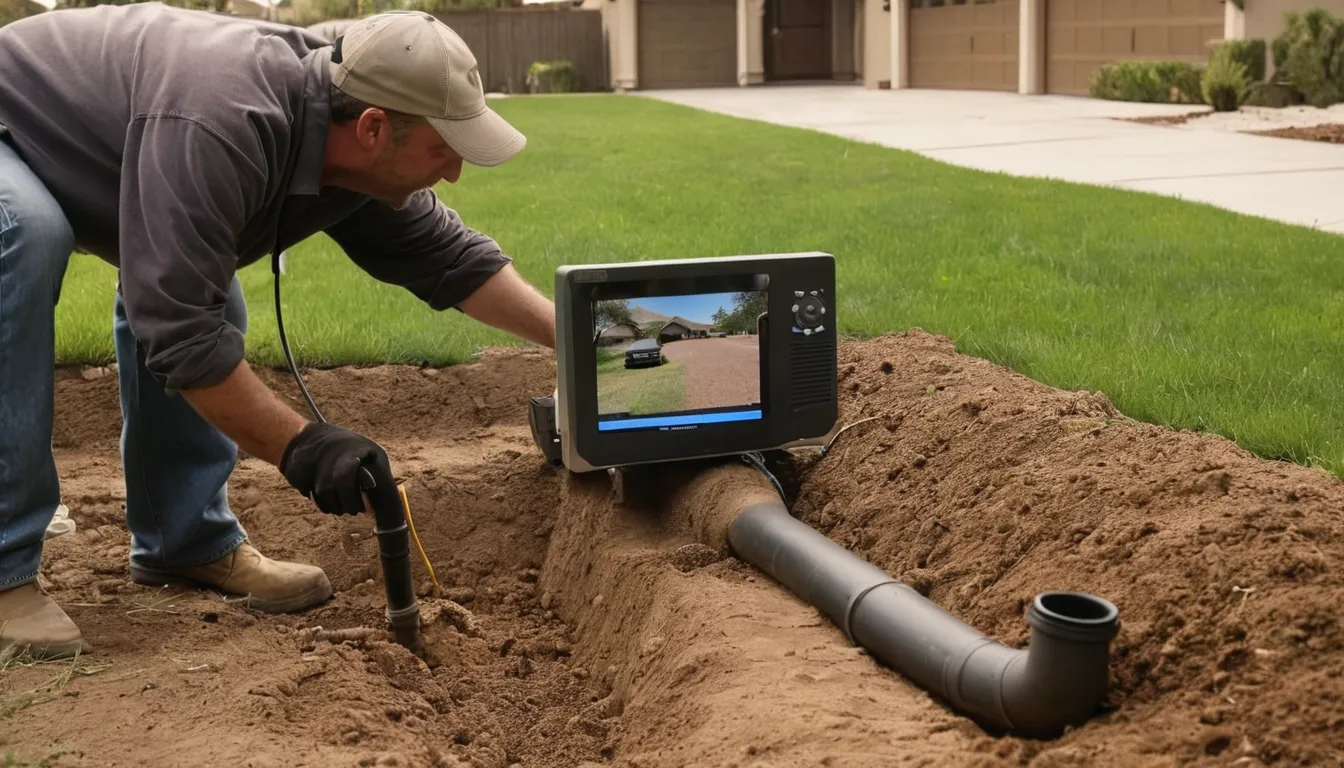 A local sewer line provider and a homeowner reviewing a pipe camera screen in a front yard near Palo Alto